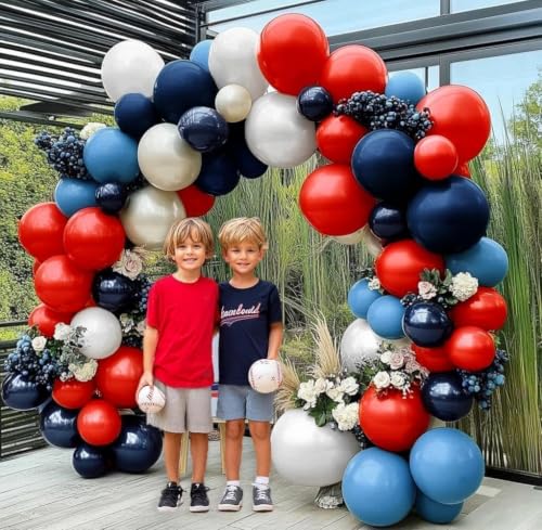 Image of Navy Blue Red White Balloon Arch, Double Stuffed Royal Blue Red White Sand Balloon Garland Kit for Birthday 4th of July Independence Day Patriotic Baby Shower Baseball Nautical Graduation Party Decor