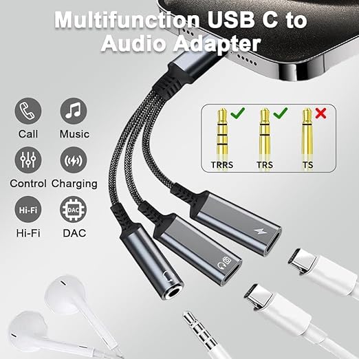 Image of USB C to 3.5mm Headphone and Charger Adapter, 3 in 1 Dual Type C Aux Splitter Charger Headphone Jack Dongle Cord Compatible for iPh /one 17 /16 /15 Pro /Max /Plus, iPad, Samsung Galaxy S22 /S23 /S24 Ultra