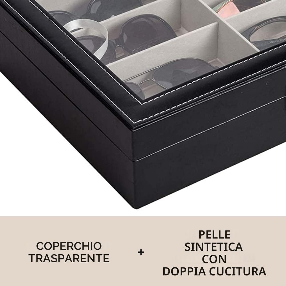 MAGIC SELECT Scatola per Occhiali. Espositore di Occhiali a 8-12-18 Scomparti con Coperchio in Vetro Trasparente, Chiusura con Chiave, Cassetto e Morbida Fodera Interna.