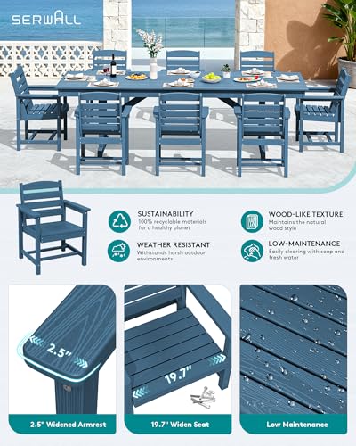 Image of SERWALL 10 Piece 84 inch HDPE Outdoor Dining Set for 8 with 15ft Double-Sided Umbrella, Blue
