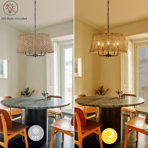 Image of 19.7 inch Boho Rattan Chandelier, 5-Light Black Wicker Light Fixture
