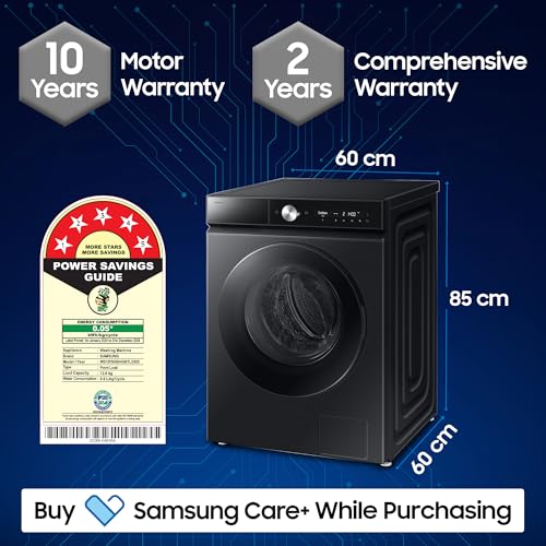Image of Samsung 12 kg (Wash) / 7 kg (Dry), 5 Star, AI EcoBubble, AI Wash, AI Control, AI Energy Mode, Air Wash, Hygiene Steam, Wi-Fi, Fully-Automatic Front Load Washer Dryer (WD12FB8B94GBTL, Black)