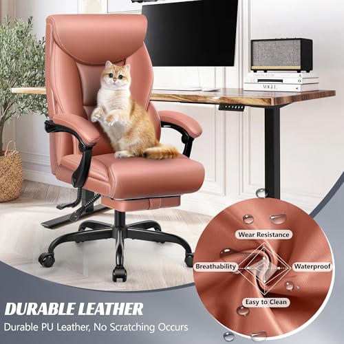 Office Chair, Executive Leather Chair Big and Tall Ergonomic Computer Desk Chair, Comfy Swivel Rolling Reclining Lumbar Support Task Chair with Adjustable High Back Foot Rest for Home Gaming - Image 4