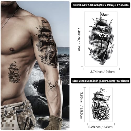 Image of 77 Sheets Pirate Temporary Tattoos Adult,Captain Anchor Compass Sailboat Tattoos, Pirate Ships Flag Skull Crossbones Sailor Fake Tattoo for Costume, Fake Arm Tattoos for Men Women Kids