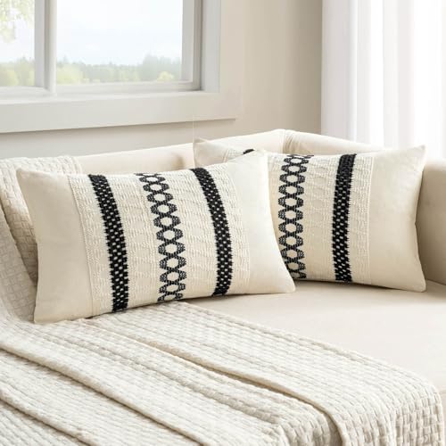Image of MIULEE Set of 2 Black Boho Decorative Lumbar Pillow Covers 12x20 Inch | Farmhouse Couch Throw Pillows Modern Cotton Cushion Covers Macrame Woven Spring Home Decor for Bed Sofa Chair