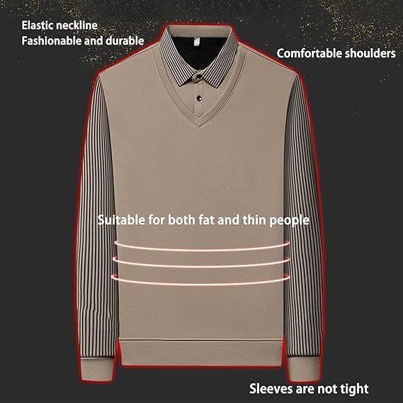 Fastoneby Men's Faux Two-Piece Long Sleeve Top, Long Sleeve Striped Lapel Knitted Shirt for Men3