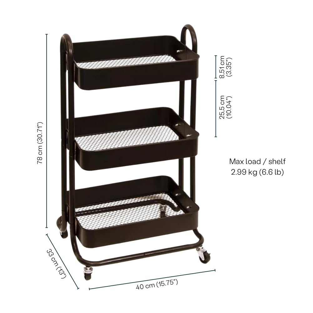 Craftelier - Carrito Metálico de Organización con 3 Bandejas | 4 Ruedas Giratorias 360º con Frenos | Carga Máx. Bandeja 2,99 kg | Distancia Entre Bandejas 25,5 cm | Tamaño 78 x 40 cm - Color Negro