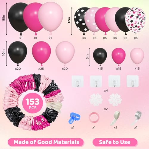 Image of Amandir 153pcs Pink Black Balloon Garland Arch Kit Different Sizes | 18 12 10 5 inch Pink Black Latex Dot Confetti Balloons for Girl Cartoon Mouse Birthday Party Decoration