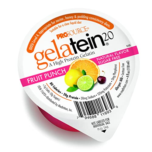 Gelatein 20 Fruit Punch: 0.71 oz de proteína. Sin azúcar. Ideal para dietas de líquidos claros, dificultades para tragar, bariátrica, diálisis y