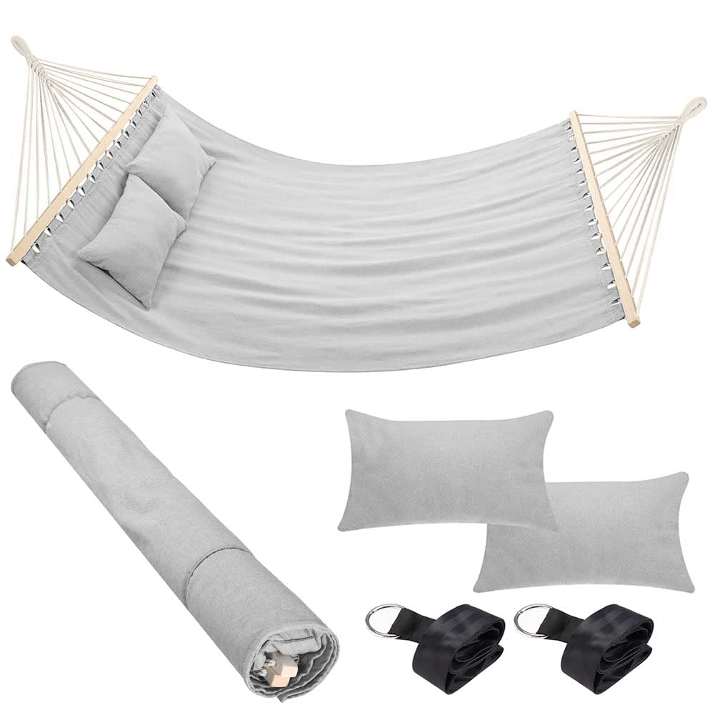 Bakaji Hamac de Jardin Double 2 Places 232 x 148 cm Barres transversales en Bois Revêtement en Polycoton avec 2 Coussins et Sangles Design Moderne pour Jardin Terre Camping (Gris Clair)
