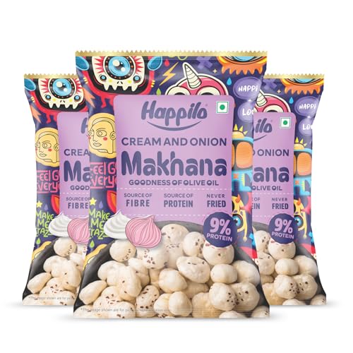 Image of Happilo Premium Super Snack Makhana Cream & Onion 55g (Pack of 3) | Roasted Foxnuts, Phool Makhana | Tasty & Crunchy Snacks