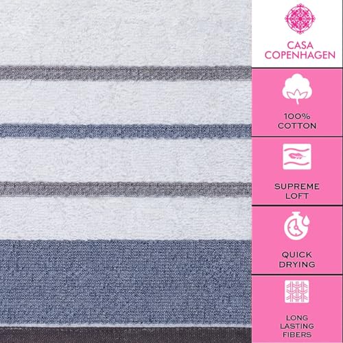 Image of Casa Copenhagen - Egyptian Cotton White Bay Collection 6 Pieces Towel Set Including 2 Bath Towel, 2 Hand Towel, 2 Face Towel - Dark Grey /Blue