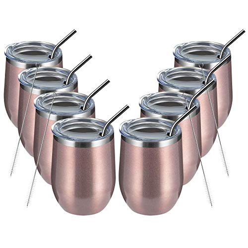 MEWAY ワインタンブラーグラス 12オンス 8個パック 蓋つき - ステムレス 二重壁 真空 ステンレススチール トラベルタンブラー - 冷たく保つ & 保温 ワイン コーヒー カクテル ドリンク用 (ローズゴールド 8個セット)（Amazon）
