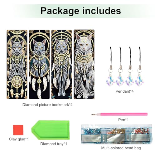 Image of 4-Piece Dreamcatcher Cat Diamond Painting Bookmarks Set for Adults - DIY 5D Rhinestone Art Bookmark Kits with Tassels, Beautiful Diamond Art Bookmarks for Crafts and Gifts