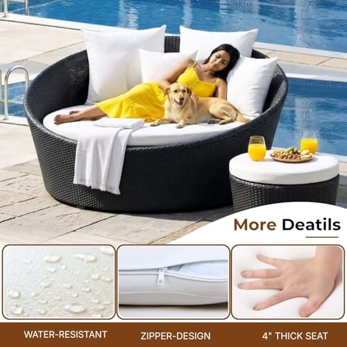 Image of DEVOKO Outdoor Pool Side, Garden, Balcony, Porch, Backyard, Terrace, Patio, Beach Round Sofa Wicker and Rattan Daybed with Table Furniture Set (Black & Offwhite)