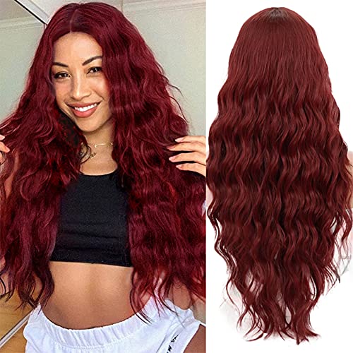 Kaneles Burgundy Wig for Women Long Wavy Wine Red Heat Resistant Fiber Wigs Middle Part Bangs for Girls Daily Cosplay Party Use