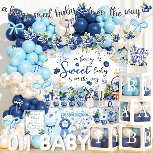 Party Inspo Blueberry Baby Shower Decorations – 126 PCs Fruit Themed Blue Berry Party Supplies with A Berry Sweet Baby Is on the Way Backdrop, Balloon Garland, Cake Topper, Sash, Badges