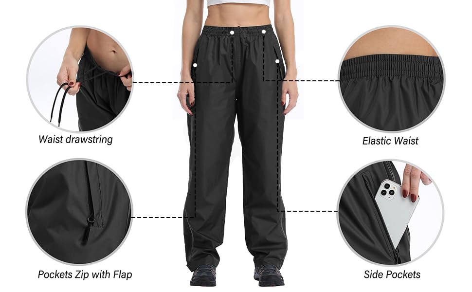 Ourcan Over Pants Rain Pants Women Waterproof Pants Lightweight Breathable Hiking Cycling Outdoor with Pocket3