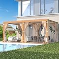EROMMY Louvered Pergola 12' x 20' Outdoor Hard Top Gazebo with Wooden Grain Aluminum Frame and Adjustable Metal Rainproof Roof for Garden & Patio, Curtains and Netting Included, Wood Grain
