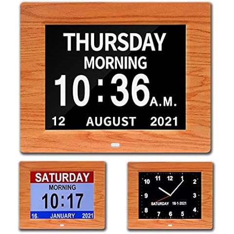 CAZOKASI 3 Displays 8inch Extra Large Impaired Vision Digital Calendar Clock with Non-Abbreviated Day & Month Alarm Clock Day Clock Photo Frame Auto Dimmable Cover