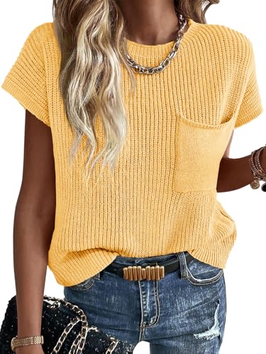 Image of Imily Bela Summer Fall Short Sleeve Sweater for Women | 2026 Crew Neck Ribbed Knit Vests Trendy Pullover Tops，Sweater Tank Tops，Sweater Vest