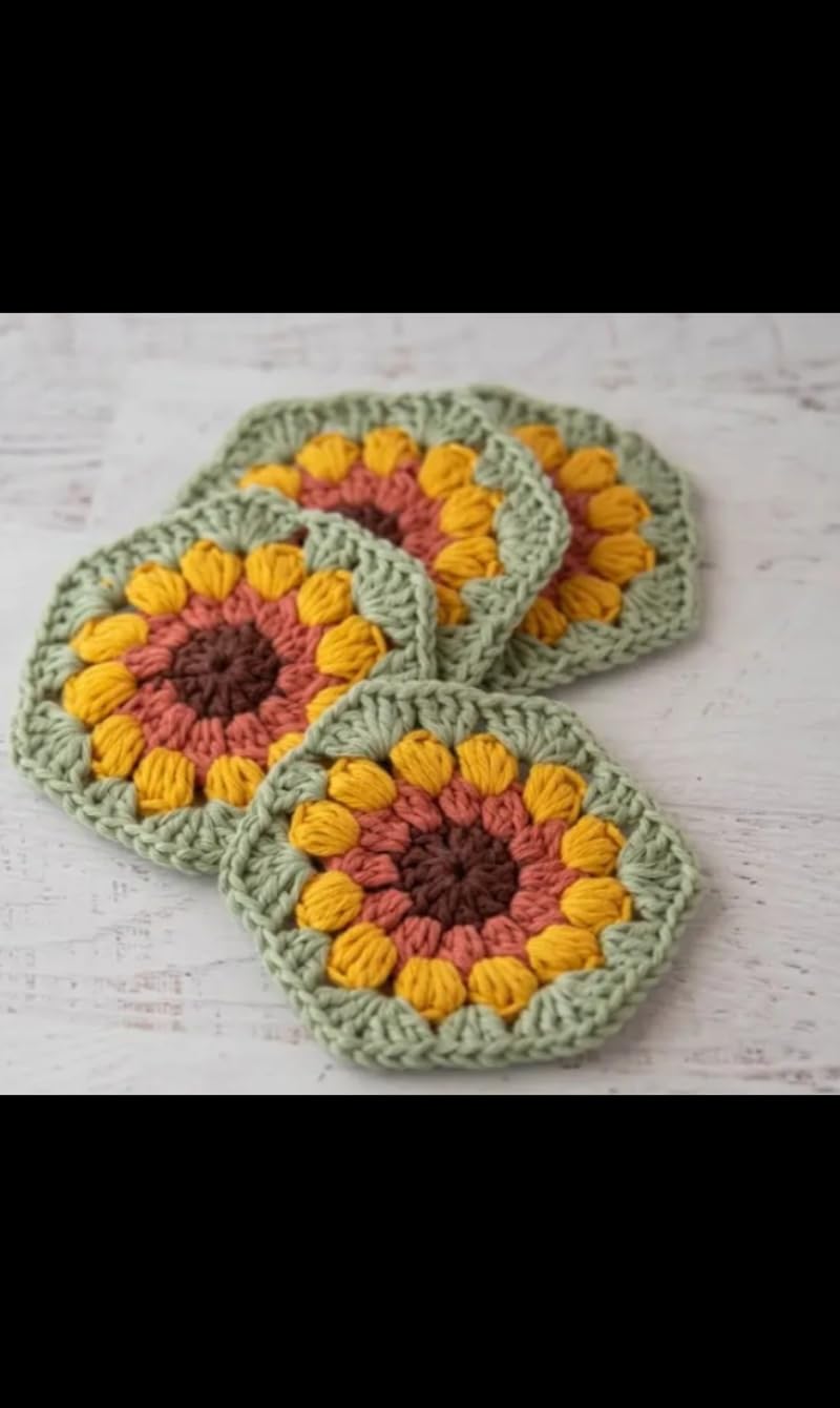 Handmade Crochet Flower Coasters Set, Cotton Yarn, Scalloped Edge Design in Green, Yellow,Brown and Orange, Home Decor, Kitchen Table Protection Pack of 6-image-15