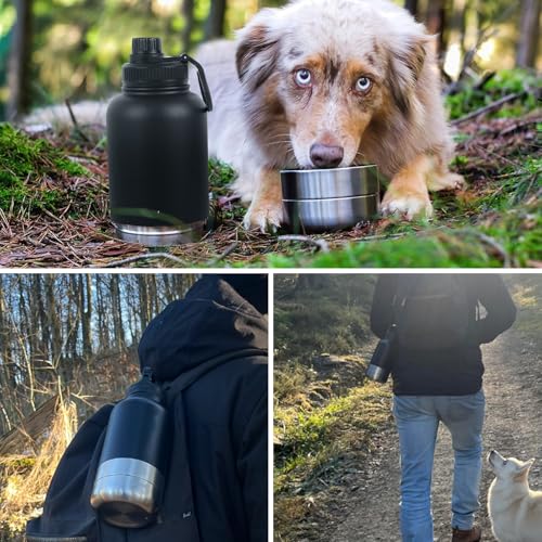 32oz 3 in 1 Hundetrinkflasche für unterwegs, 304 Edelstahl Trinkflasche Hunde für unterwegs mit Fressnapf & Wassernapf, Isolierflasche für Mensch und Hund, Perfekt für Outdoor, Wandern und Reisen