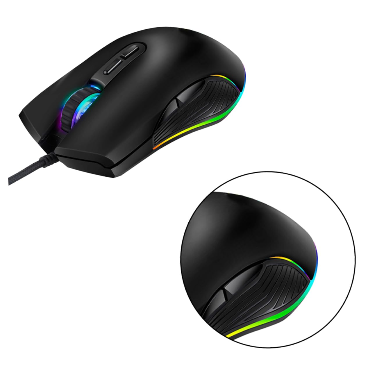 Ratón Gaming USB-c de 7 Teclas Iluminación RGB para PC | Óptico Profesional, Negro Abs Mate, 800/1200/1600/3200 Dpi, Plug Play para Ordenador y Portátil