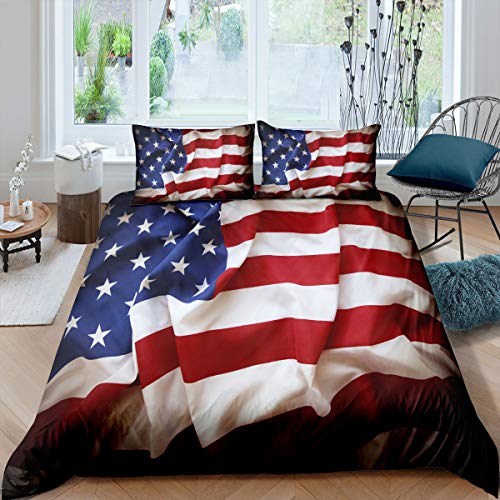 Erosebridal American Flag Comforter Cover United States Blue and Red Printing Bedding Set for Kids Teens Adult USA Federations Stars Bedspread Cover King Size 1 Duvet Cover with 2 Pillow Cases