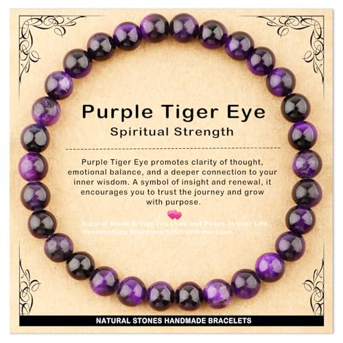 AD Beads 6mm Handmade Purple Tiger Eye Elastic Bracelet Natural Gemstone for Peace and Tranquility Meditation Yoga Healing and Energy Gift for Men Women