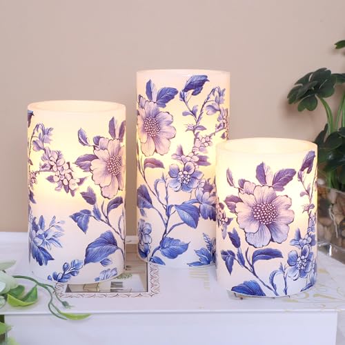 Image of Crystal Club Chinoiserie Decor Flameless Candles Blue and White Porcelain Floral Battery Operated LED Pillar Candles with Remote & Timer Real Wax Candles Floral Decor for Home Wedding Centerpiece