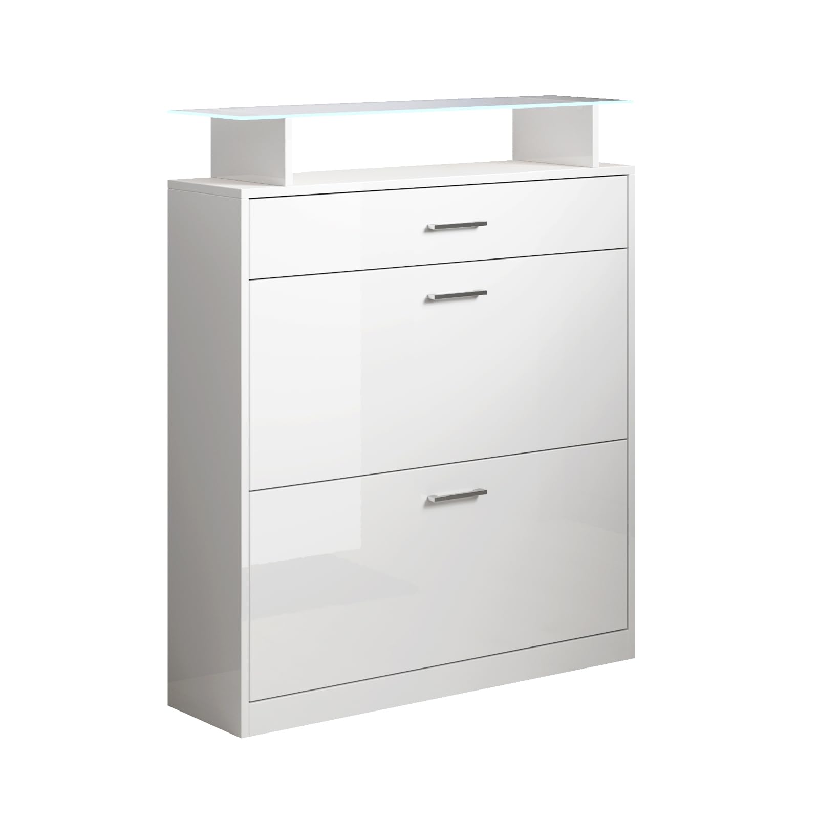 MB Muebles Bonitos | Flurmöbel mit Schuhschrank | Breite 89 x Höhe 105 x Tiefe 24 cm | Glasablage mit LED | Glänzendes Melamin | Farbe Weiß | Schuhregal für die tür | Modell Paola