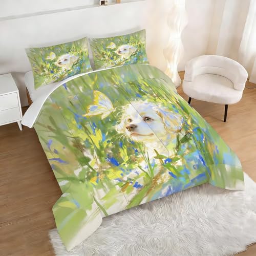 Image of Cute Dog Comforter Set Full Size Pet Puppy Animal Bedding Sets for Girls Boys Kids Adults Bedroom Decor Green Watercolor Quilt 1 Comforter 2 Pillowcases