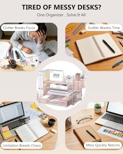 Image of WALI Desk File Organizer, 4 Tier Desktop Paper Letter Tray Organizer with Drawer and 2 Pen Holders, Office Desk Accessories & Workspace Organizers for Office, Home Supplies(DO005DH-P), 1 Pack, Pink