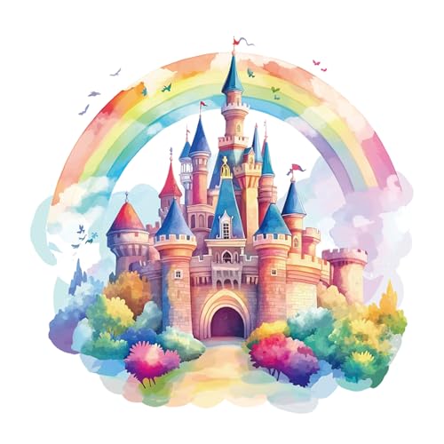 PLIGREAT 2 feuilles arc-en-ciel château autocollants muraux, fée colorée princesse décalcomanies murales amovibles Fantasy Castle Wall Decor autocollants...