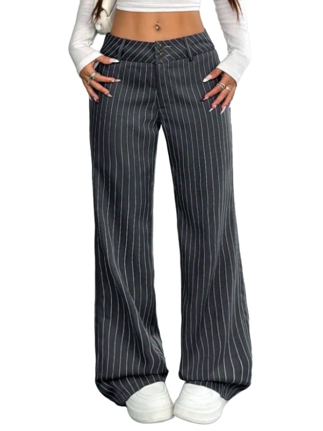 Womens High Waisted Wide Leg Pants Black White Stripe Straight Fit Trousers for Office Casual Work Wear