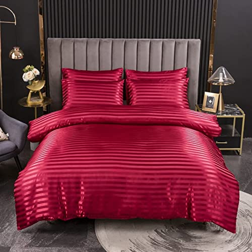 Juego de Funda de edredón de satén de 2 Piezas, tamaño Individual, Seda de Lujo, Juego de Ropa de Cama de satén, Rayas súper Suaves, Cierre de Cremallera Oculta, Ropa de Cama y Lino Reversible Arruga