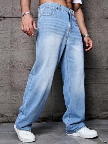 Image of AVANOVA Men's Baggy Fit Jeans- Solid Washed Denim Straight Wide-Leg | Streetwear Casual Dailywear Pants for Men | Trendy Loose-Fit Mid-Waist Denim Trousers (Jeans 247)