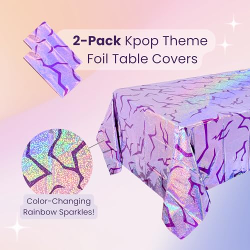 2 Pack Purple Holographic Tablecloths, Demon Marking Energy Pattern, 108 x 54 Inch Disposable Plastic Table Covers, Hunter Birthday Decorations for Kids K-Pop Idol Music Theme Party Supplies by Pixel Hearts - Used condition - Image 3