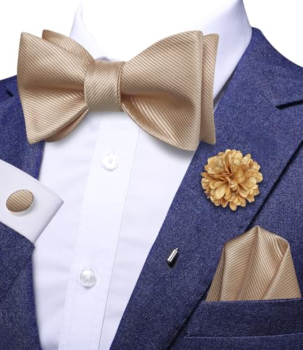 Image of Dubulle Self Tie Bow Ties and Lapel Pin for Men Paisley Solid Mens Bowtie and Handkerchief Cufflinks Set Wedding