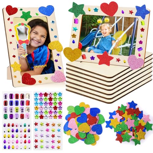 TLDNZXY Lot de 8 cadres photo en bois à peindre - Cadre photo en bois à peindre - Petits cadres photo pour enfants - Avec strass et autocollants pour cadeaux d'anniversaire