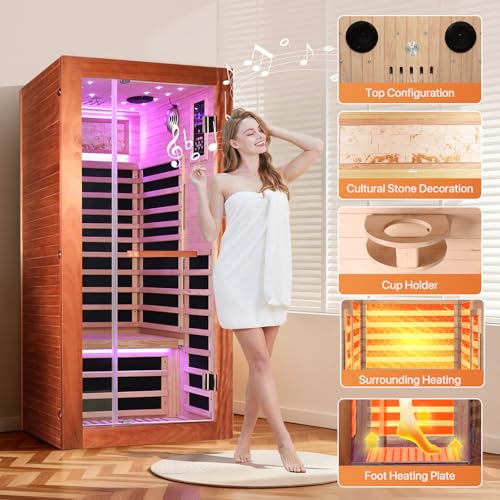 Image of OUTEXER Sauna One Person Far Infrared Saunas Room African Mahogany Wood 1350W Dry Saunas Spa with 7 Starry Sky Light Wood Wax Oil on Outer Surface 35.4 * 35.4 * 70.9inch