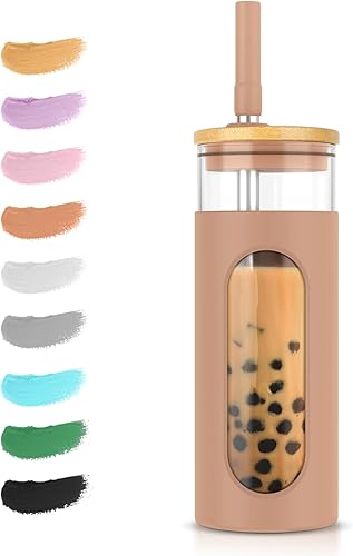 Tronco Vaso de vidrio de 22 onzas con tapa de bambú y pajita, vaso de vidrio para Boba, café helado, batido, botella de agua de vidrio a prueba de