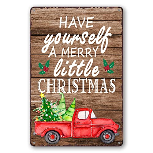 Image of Merry Christmas Metal Tin Sign - Vintage Red Truck Wall Decor, 'Have Yourself A Merry Little Christmas' Sign for Home Decorations, 8x12 Inch