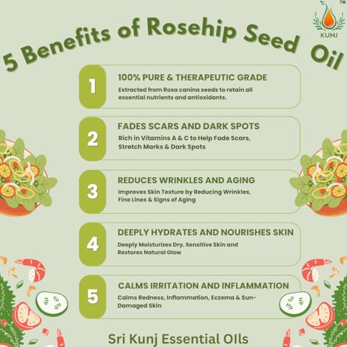 Image of KUNJ Rosehip Seed Oil (Rosa rubiginosa) 30ML - 100% Pure & Natural, Cold Pressed, Undiluted - Therapeutic Grade Oil for Skin Care, Hydration, Anti-Aging & Radiance