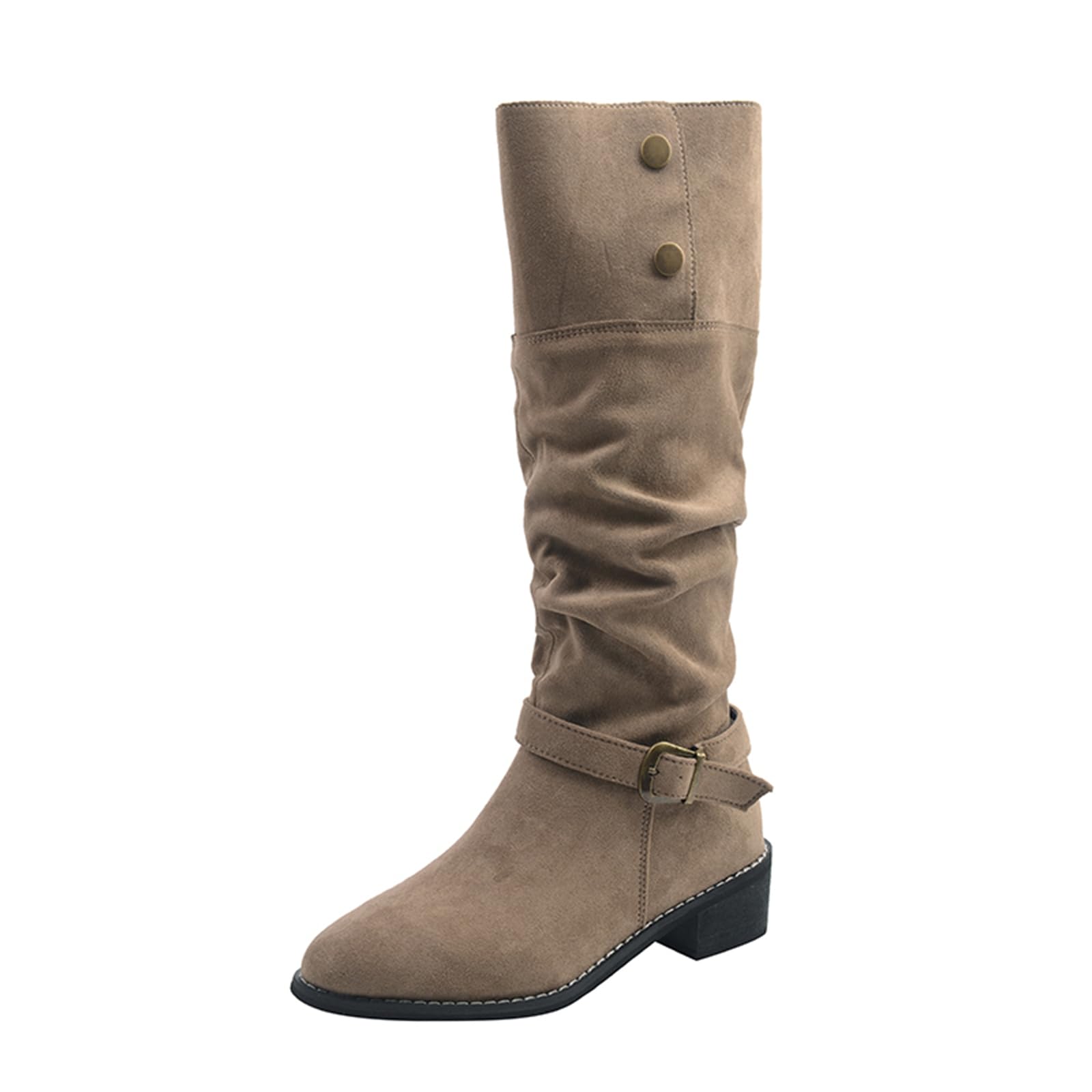 Womens Extra Wide Calf Loose Mid-Calf Boots Suede Surface Adjustable Elastic Low Heel Side Button Winter And Autumn