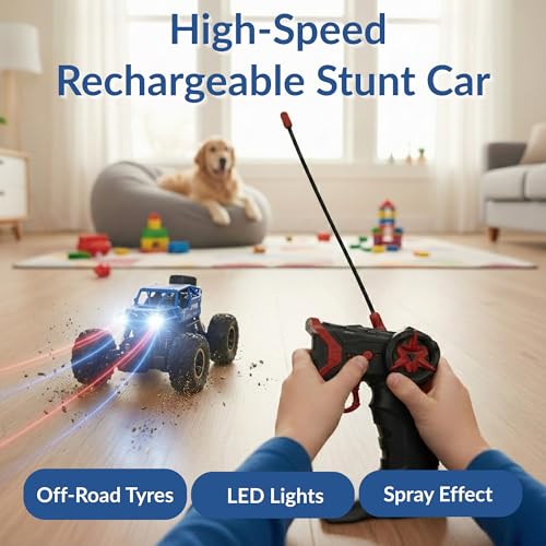 Image of Lilplay Monster Truck | Rechargeable Remote Control Car for Kids | Rock Crawler 5 Function 1:18 RC Car with Smoke | Offroad High Speed Rock Climbing Toys for Boys (Blue)