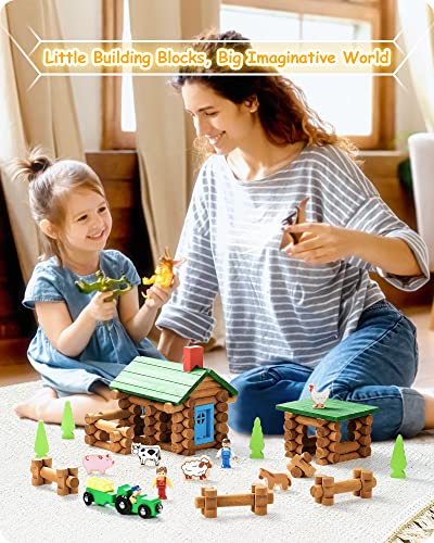 Image of SainSmart Jr. Wooden Log Cabin Set Farm Building House Toy for Toddlers, 122 PCS Classic STEM Construction Kit with Colorful Wood Logs Blocks for 3+ Years Old