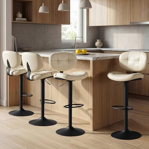 Image of VASAGLE Bar Stools Set of 4, Height Adjustable Kitchen Barstools, Swivel Bar Chairs with Back and Footrest, Quilt PU Leather Surface, Dining Room, Counter, Steel, Cream White ULJB150W101S-2J