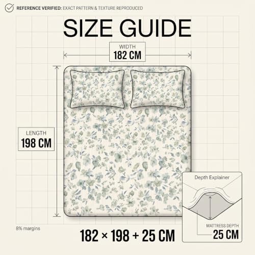 Image of VAS COLLECTIONS 240 TC Premium Fitted Bedsheet, Floral Printed King Size Elastic Deep Pocket Mattress Cover, Soft Breathable Bed Sheet for Bedroom, 72 x 78 + 10 Inches (183 x 198 + 25 cm) - Sage